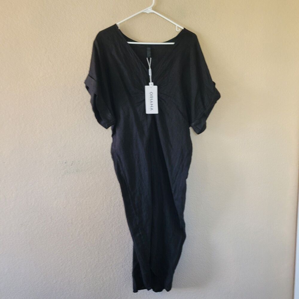 Womens Linen Twist Front Midi Black Dress Sz Small Relaxed Minimalist Boho Chic